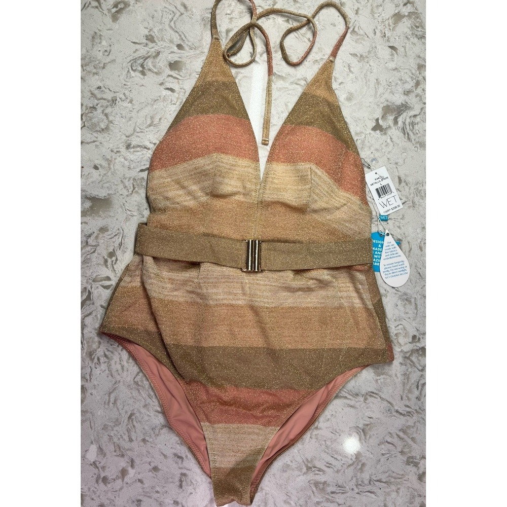 WET Swimwear Metallic Stripe One Piece Size L Belted Warm Tones Shimmer $208
